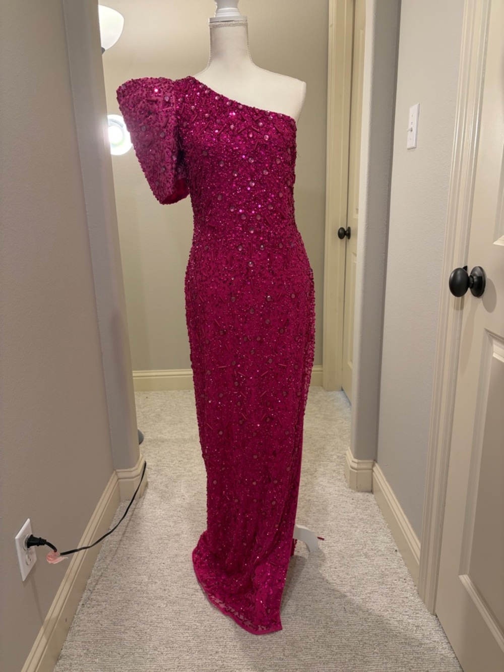 NWT One-Shoulder Fuchsia Beaded Evening Gown